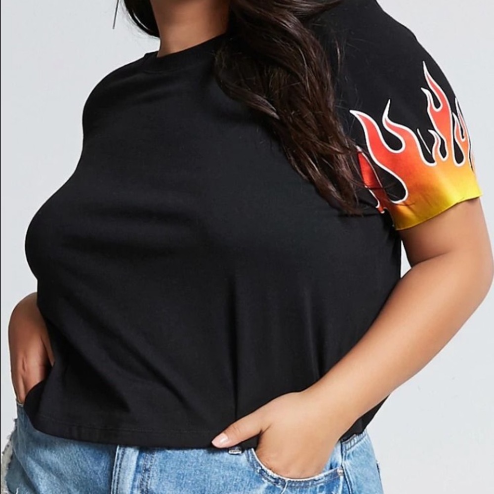 Black Crop Top With Graphic Flame Sleeves